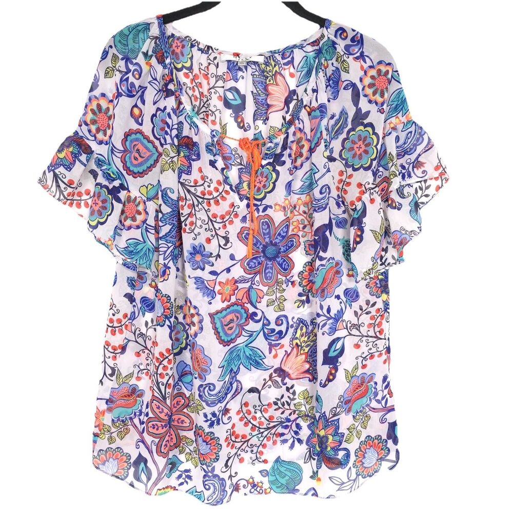MILLY Design Nation Women’s Top MEDIUM Multicolor Floral Short‎ Sleeve Blouse